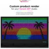 Custom LED dot-art display showing a sunset with palm trees and a bright sun.
