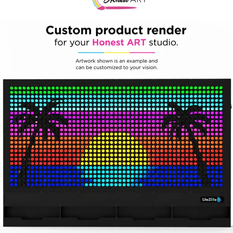 Custom LED dot-art display showing a sunset with palm trees and a bright sun.
