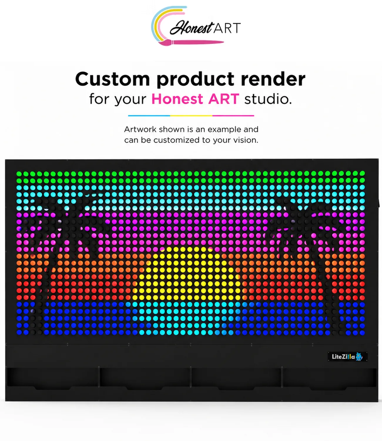 honest-art-render-web | LiteZilla Custom LED dot-art display showing a sunset with palm trees and a bright sun.