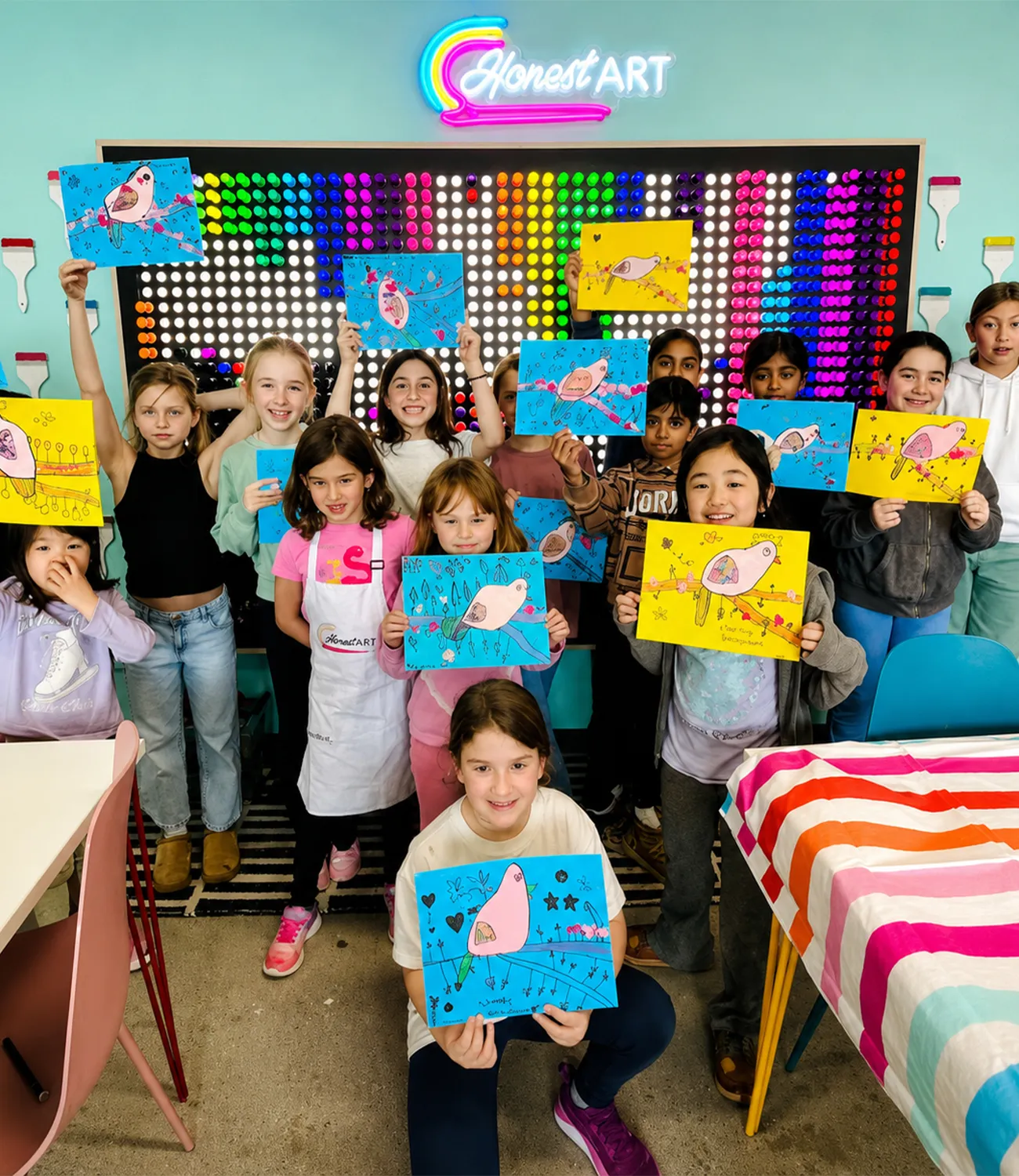 honest-art-web-1 | LiteZilla Children in an art class hold up their blue and yellow drawings of birds, smiling in front of a colorful wall with lights.