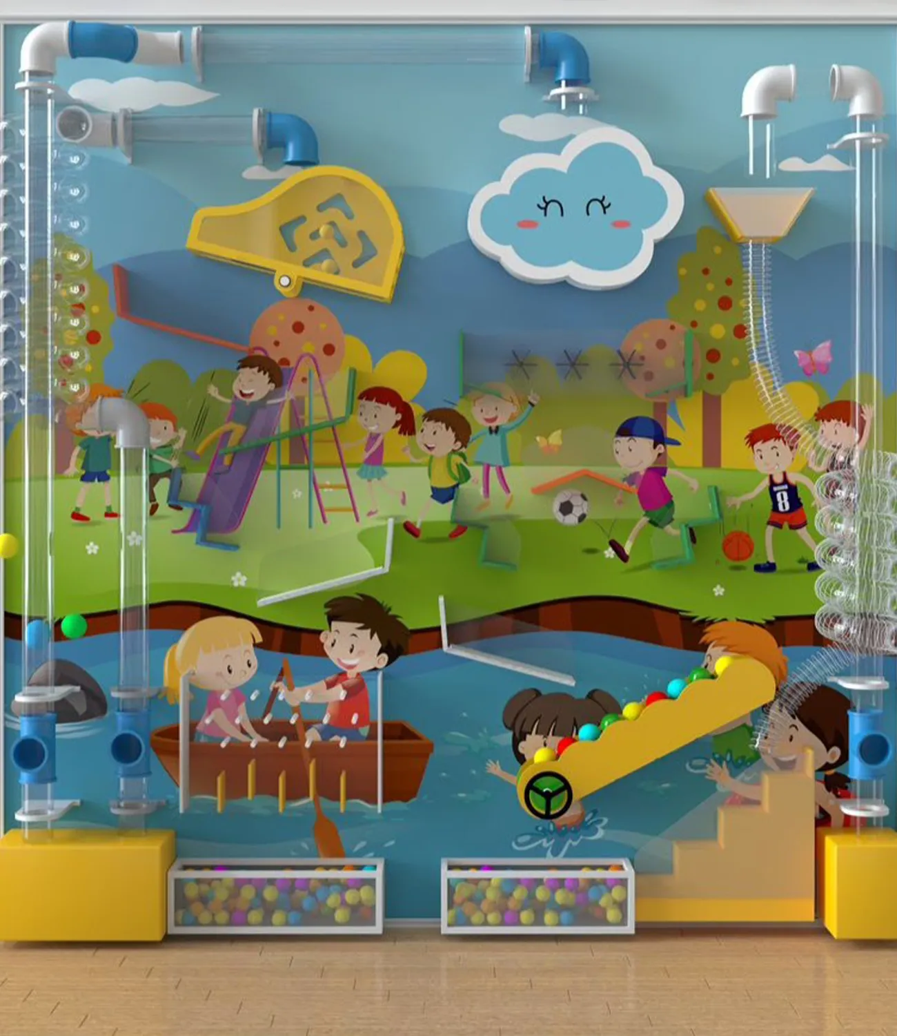 ball-launcher-11 | LiteZilla Colorful mural of kids playing in a park: slide, balls, trees, and a cheerful cloud on a bright playground wall.