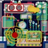 Colorful, neon-lit industrial control panel with gears, gauges, pipes and tubes forming a complex machine centerpiece.