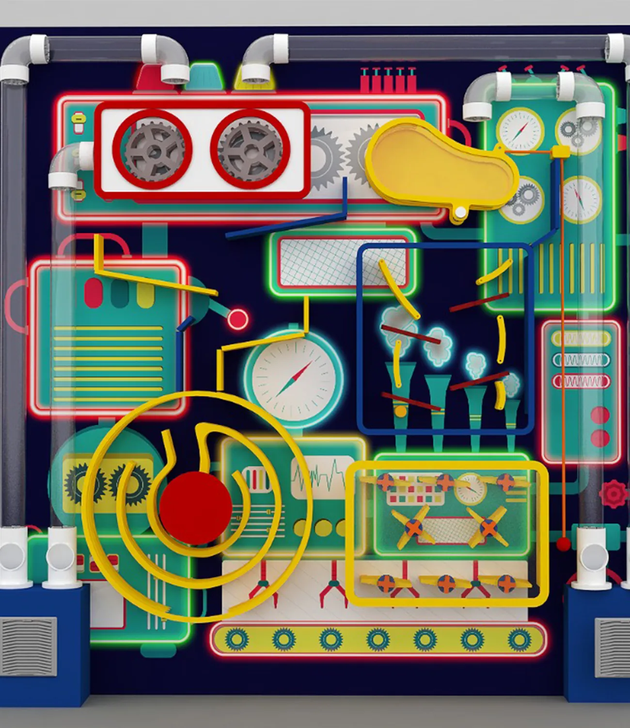 ball-launcher-12 | LiteZilla Colorful, neon-lit industrial control panel with gears, gauges, pipes and tubes forming a complex machine centerpiece.