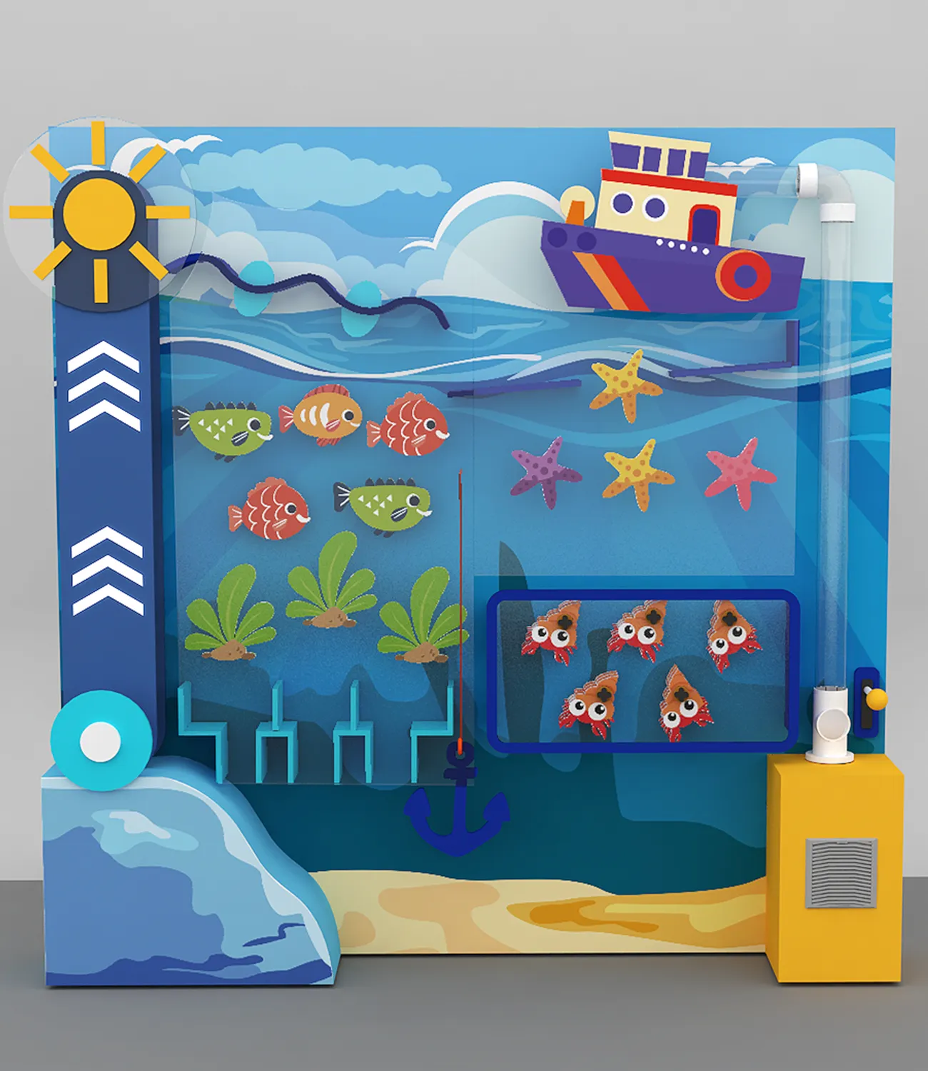 ball-launcher-13 | LiteZilla Colorful ocean-themed display with a toy ship above a blue aquarium filled with fish, starfish, and coral.