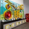 Colorful kinetic mechanical sculpture with yellow circular gears and winding tubes mounted on a mural-filled panel in a museum setting.