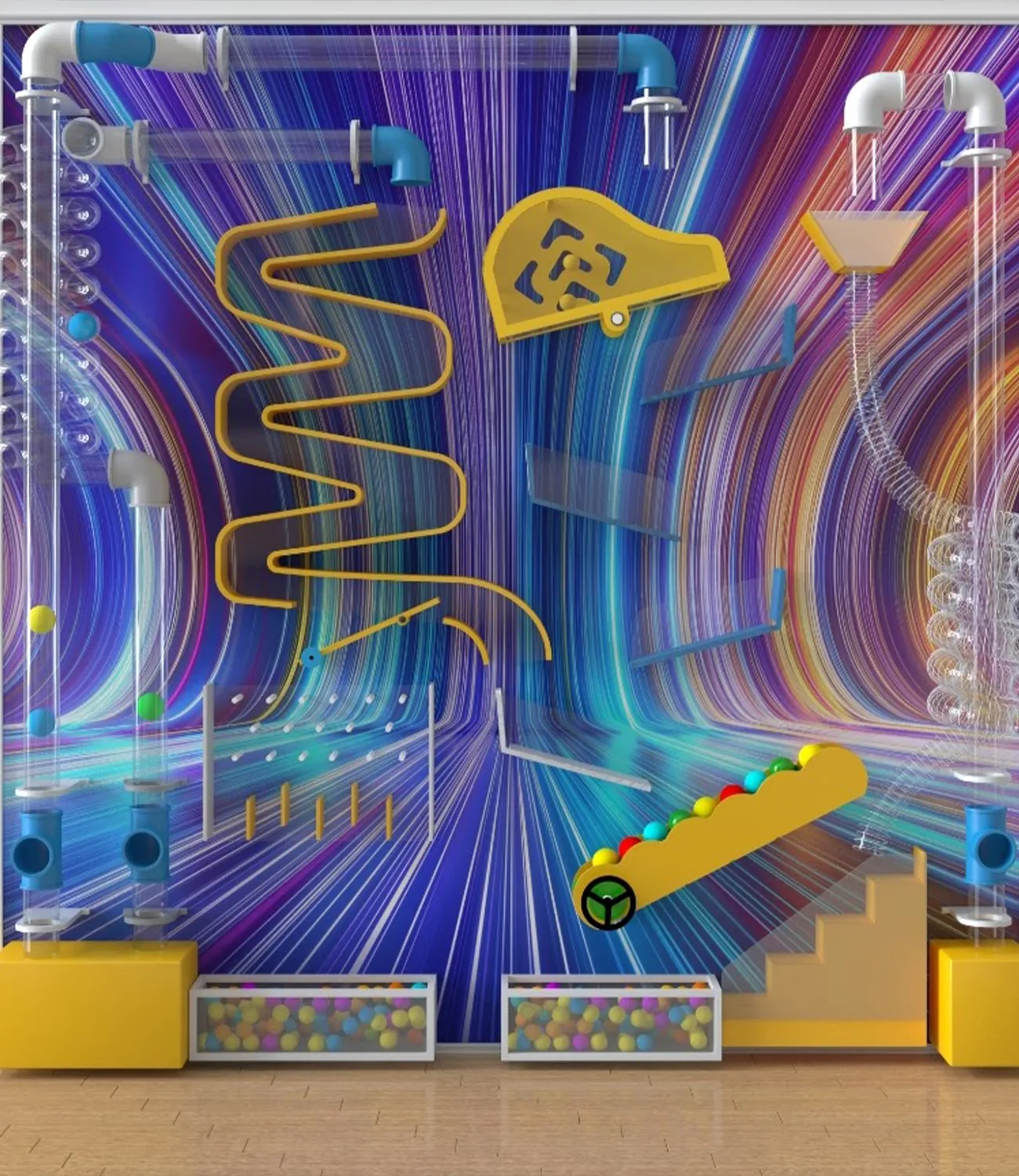 ball-launcher-9 | LiteZilla Vivid abstract playground wall with a yellow winding slide and assorted tubes against a rainbow striped background.