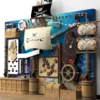 Pirate-themed steampunk machinery display with chests, maps, gears, and a black pirate flag on a blue wall.