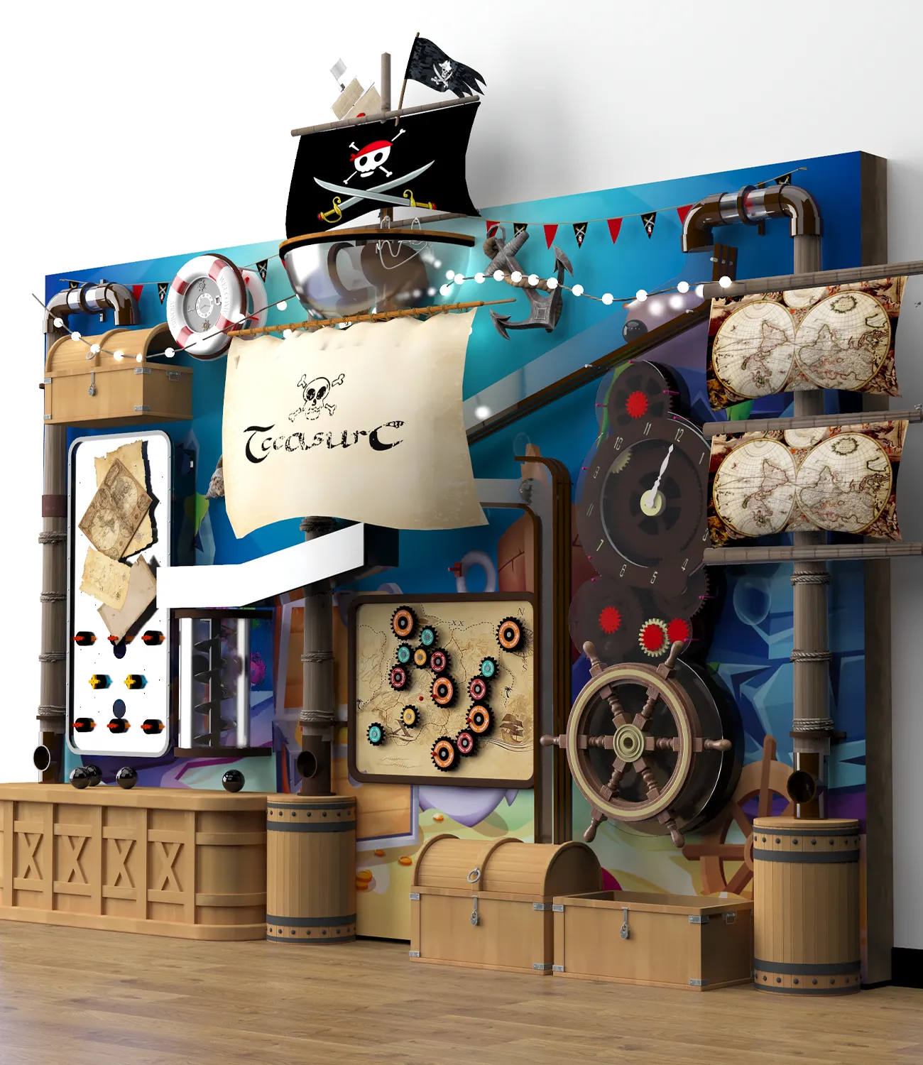 ball-launcher-main | LiteZilla Pirate-themed steampunk machinery display with chests, maps, gears, and a black pirate flag on a blue wall.