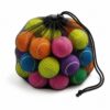 Mesh drawstring bag filled with colorful tennis balls in orange, green, pink, purple, and blue.