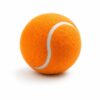 Orange tennis ball with a white curved seam on a white background.