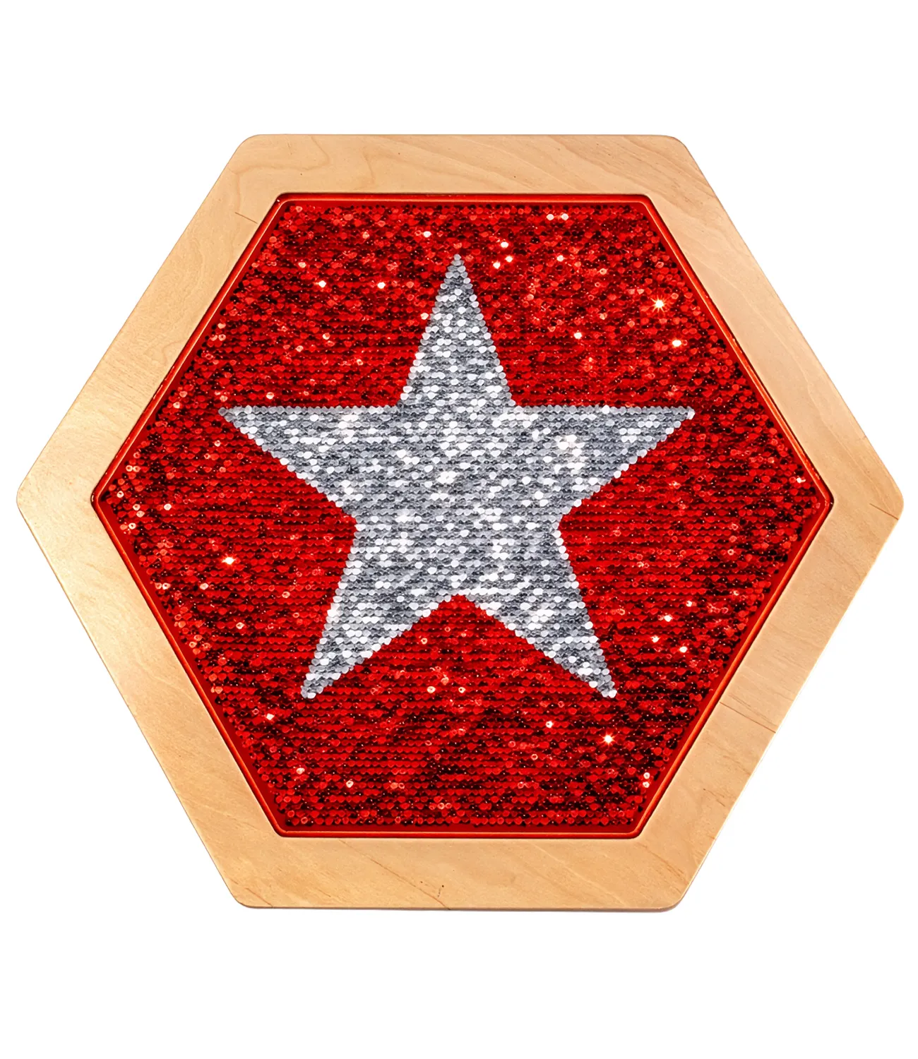 sequin-flip-1 | LiteZilla Decorative hexagonal wooden plaque with a silver star on a red glitter background