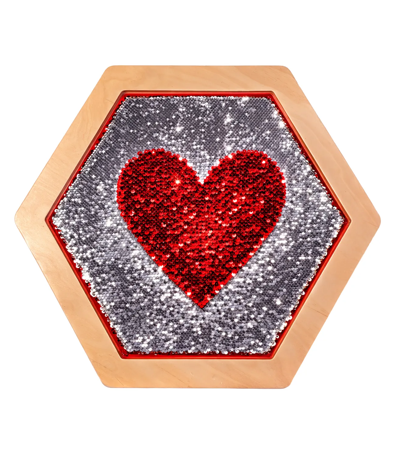 sequin-flip-2 | LiteZilla Hexagonal wooden frame housing a red sequin heart on a silver glitter background (decorative art).