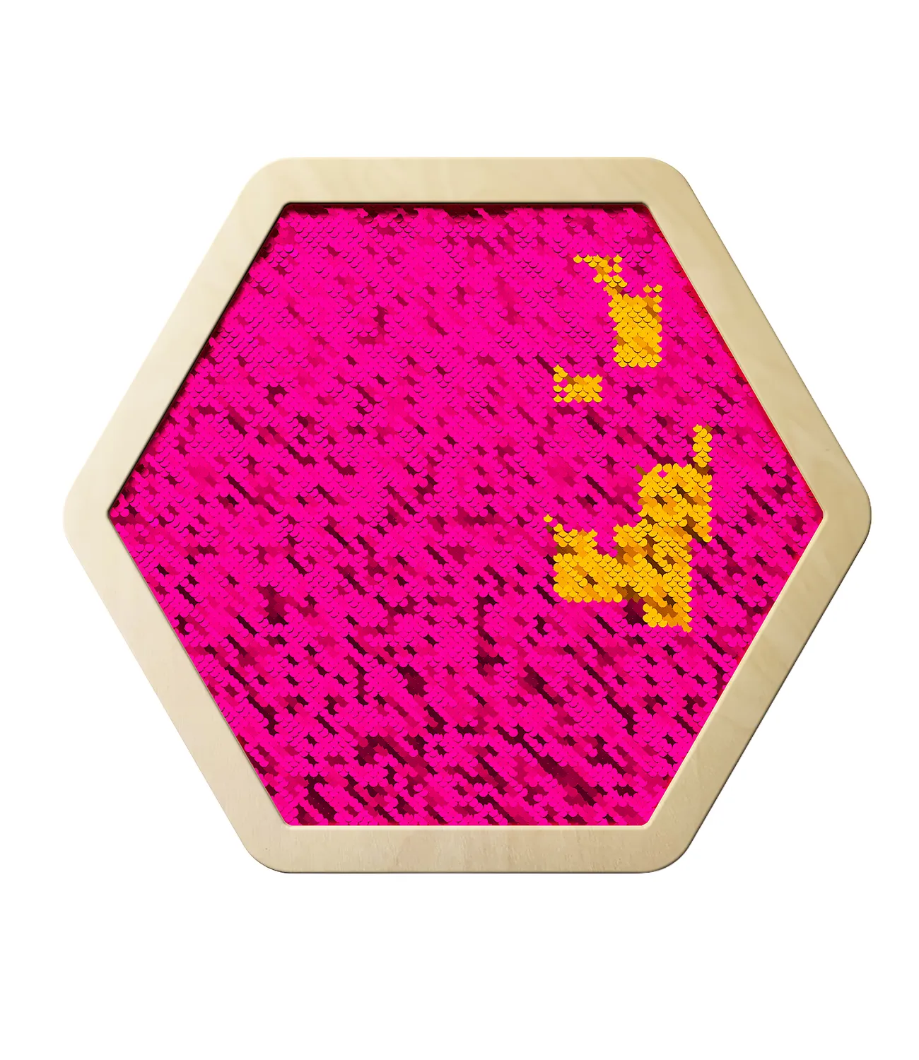 sequin-flip-pink-2 | LiteZilla Close-up of a pink sequin surface inside a pale gold hexagonal frame, with a small cluster of yellow sequins forming a pattern.