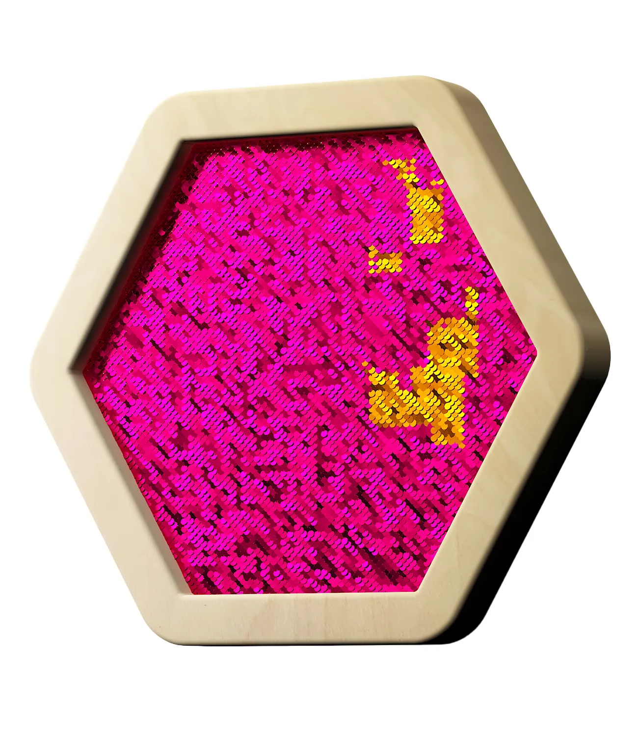 sequin-flip-pink | LiteZilla Hexagonal wooden frame with a pink sequin surface, accented by yellow sequin clusters.