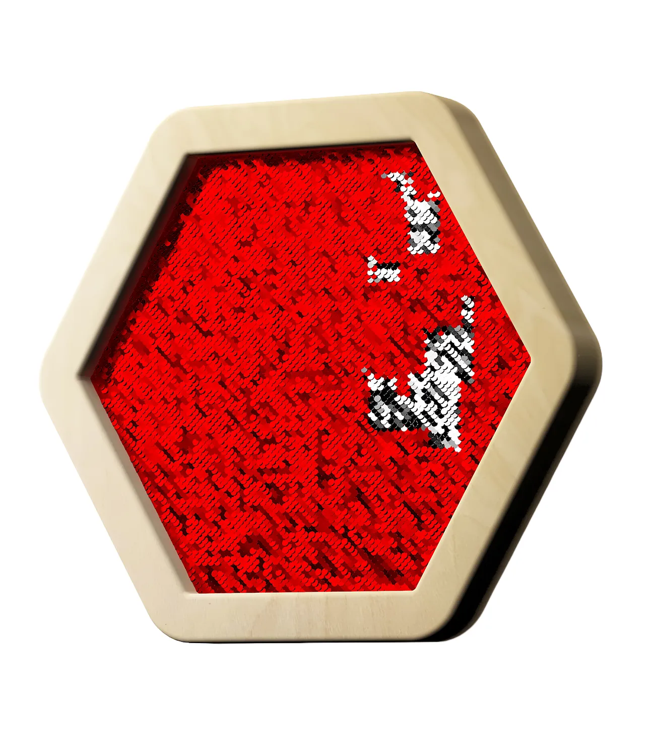 sequin-flip-red | LiteZilla Close-up of a red sequin-covered hexagonal sign framed in light wood.