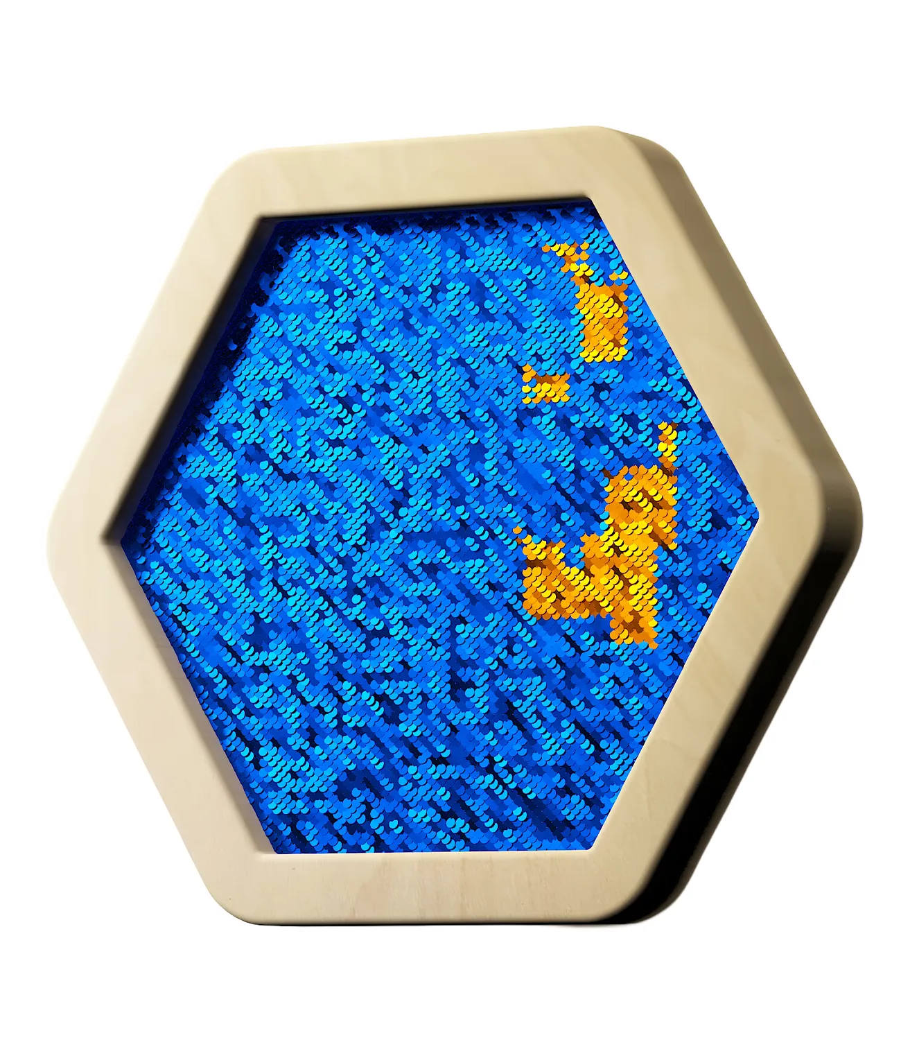 sequin-flip-small-blue-2 | LiteZilla Blue hexagonal mosaic panel with shimmering sequins inside a pale wooden frame, featuring small yellow patches.