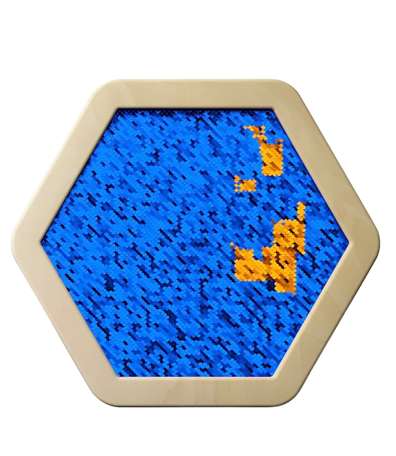 sequin-flip-small-blue | LiteZilla Beige hexagonal frame containing a blue sequin surface with small orange sequin patches forming an abstract pattern