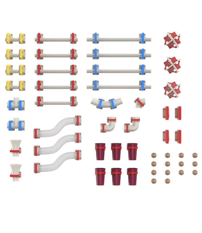 Collection of assorted plastic plumbing fittings and hoses with colored clamps on a white background.
