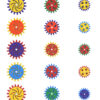 Sensory-Gears-Add-On | LiteZilla Grid of colorful gear shapes with teeth, in yellow, red, green, blue and purple, arranged in a pattern with various inner designs (spirals, dots).