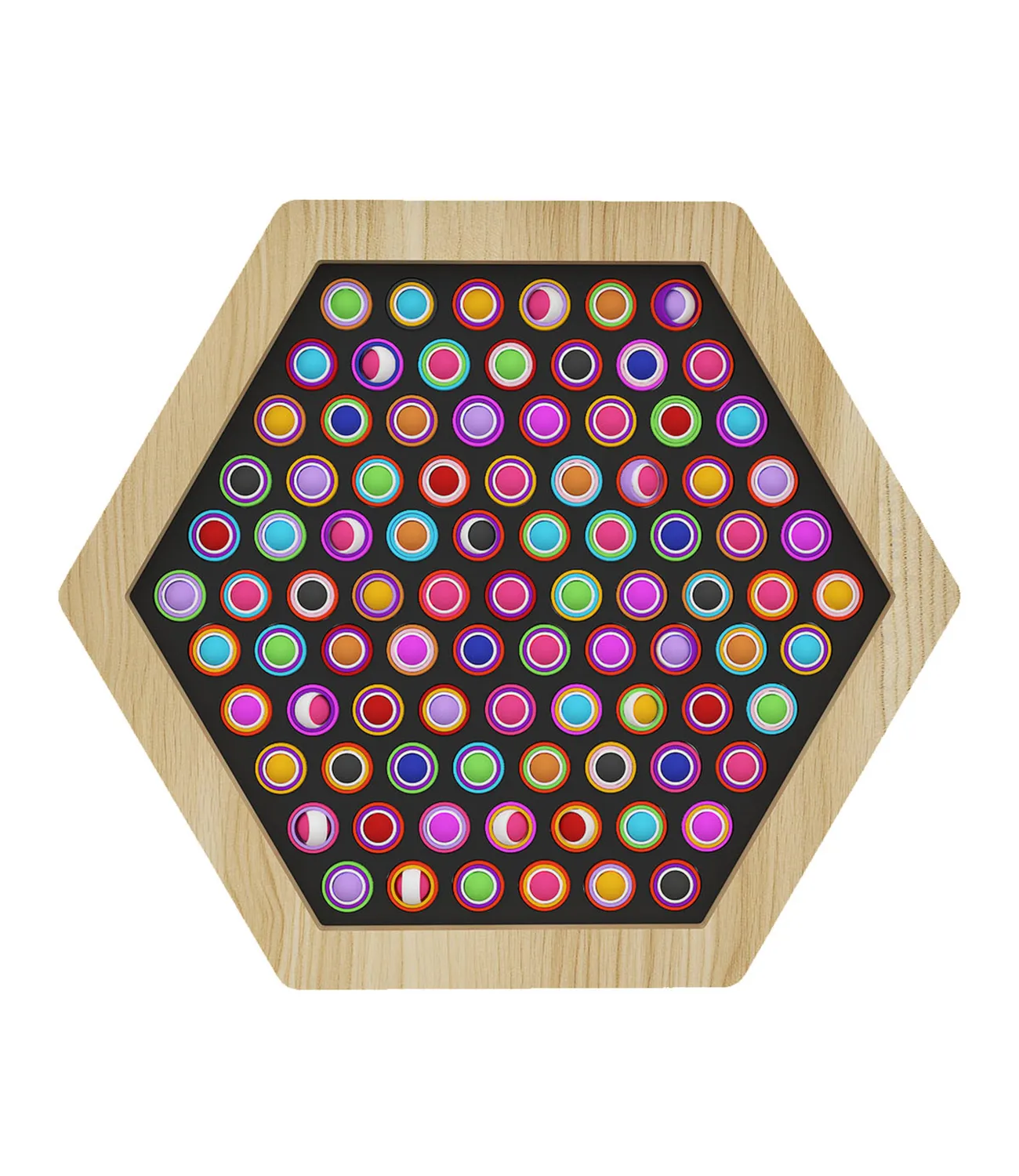 fdiget-spinner-small | LiteZilla Hexagonal wooden frame with a black pegboard densely filled with multicolored circular pegs.