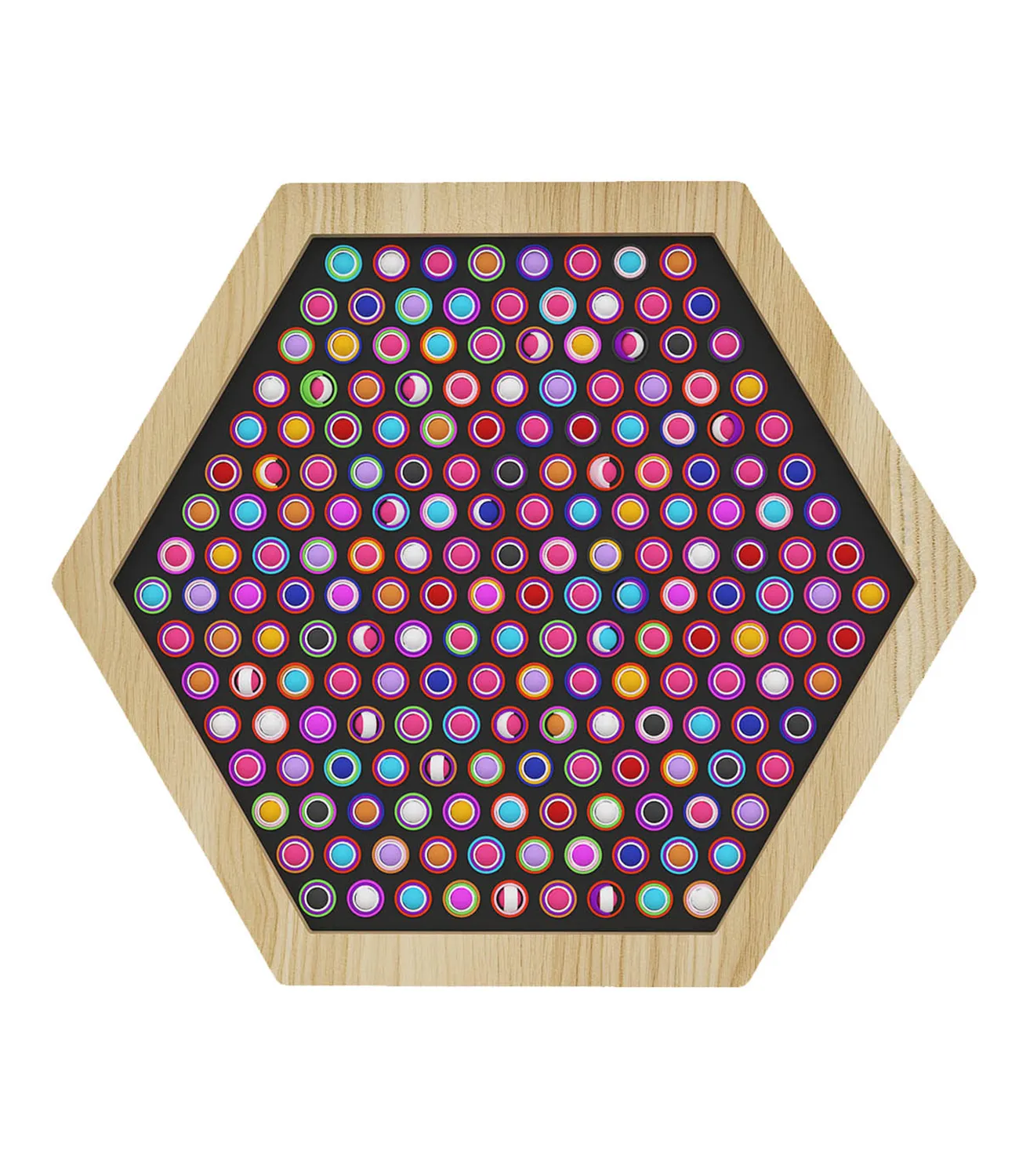 fidget-spinner-large-3 | LiteZilla Hexagonal wooden pegboard filled with dozens of colorful circular pegs on a black background, arranged in a grid pattern.