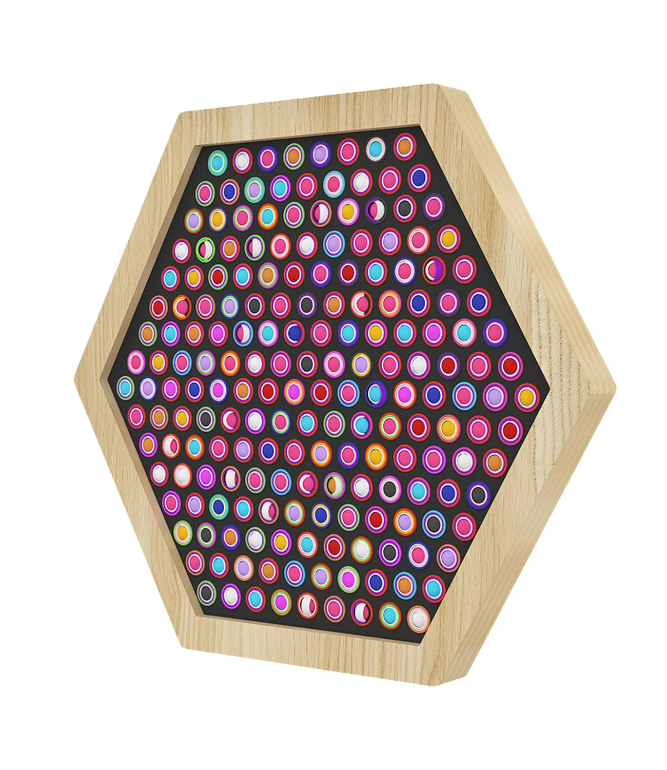fidget-spinner-large-6 | LiteZilla Hexagonal wooden frame with a black interior filled with rows of small multicolored circular pegs.