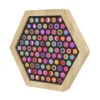 Hexagonal wooden frame housing a black pegboard densely filled with colorful circular pegs.