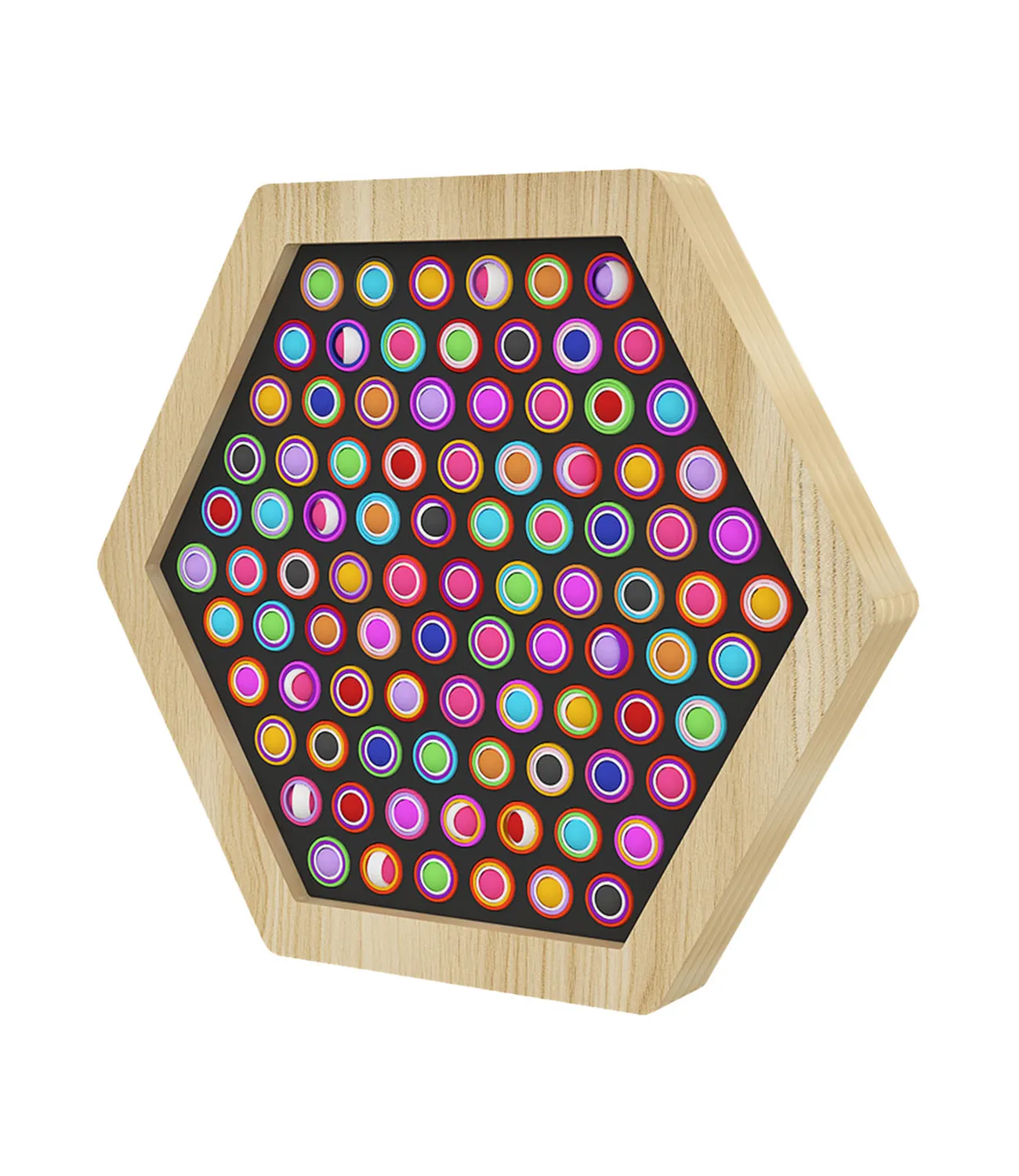 fidget-spinner-small-2 | LiteZilla Hexagonal wooden frame housing a black pegboard densely filled with colorful circular pegs.