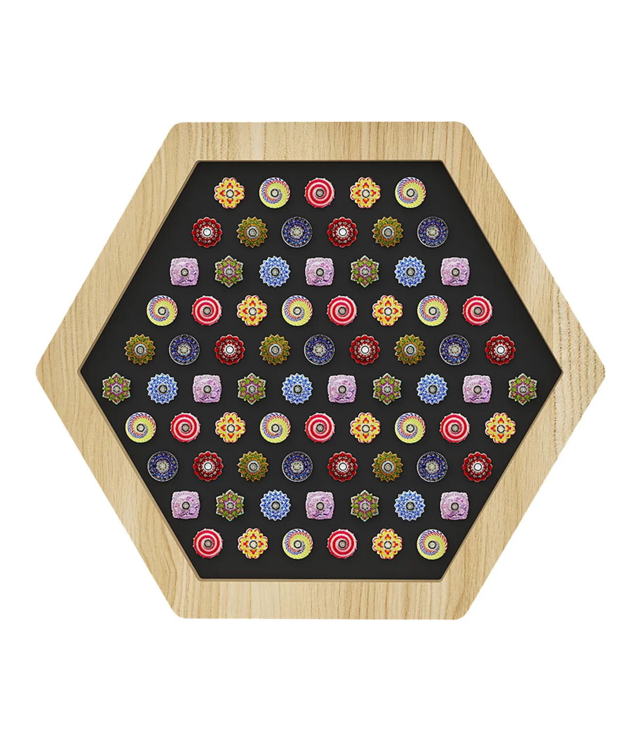 fidget-spinner-small-5 | LiteZilla Octagonal wooden tray with a black surface filled with colorful round candies arranged in neat rows.