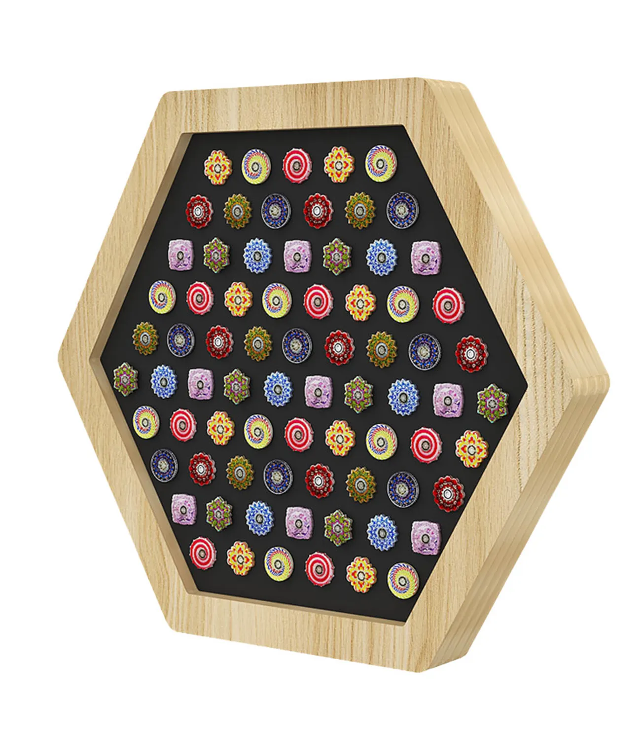 fidget-spinner-small-7 | LiteZilla Wooden hexagonal game board with a black playing surface filled with colorful circular and square tokens.
