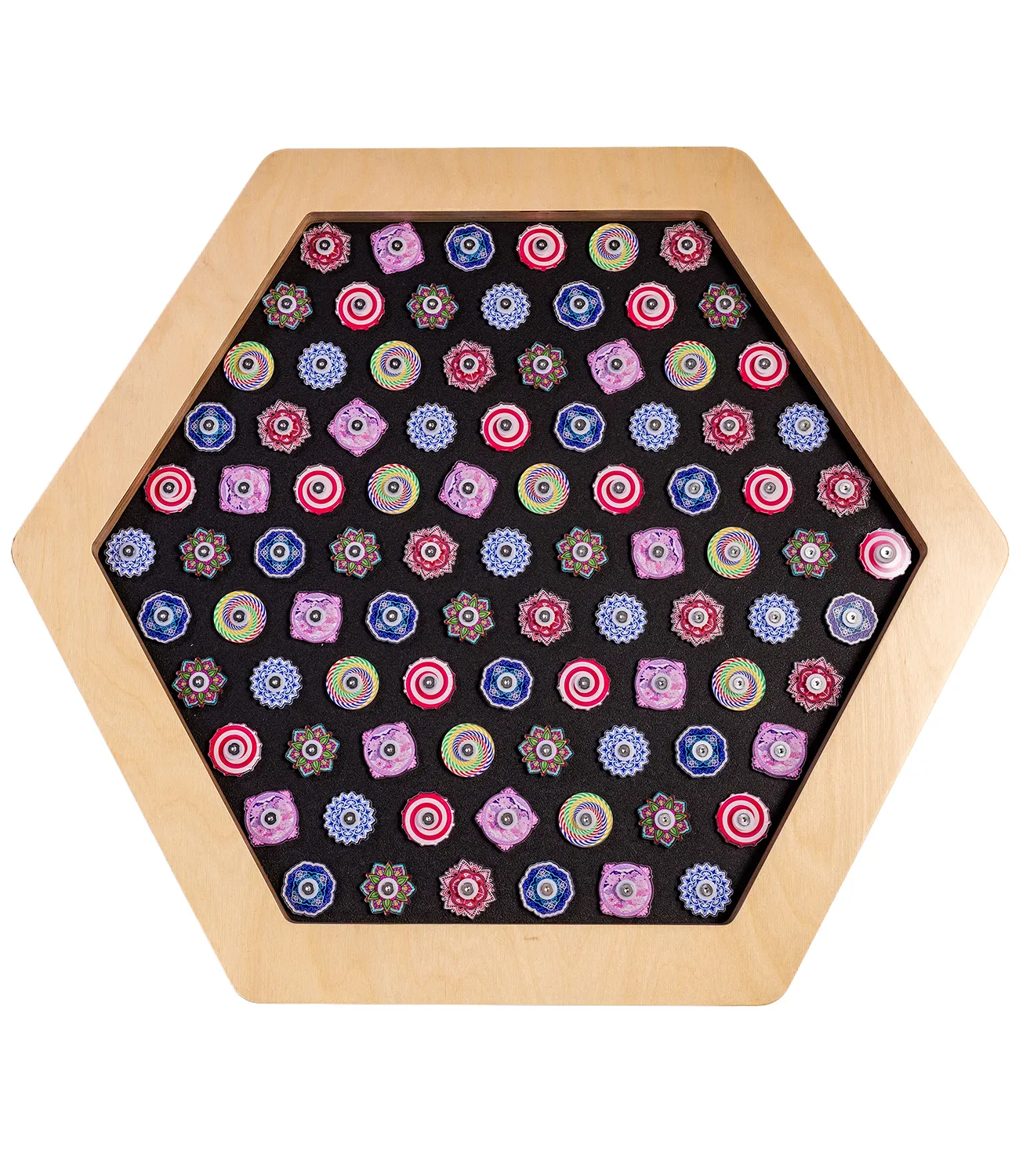fidget-spinner-small | LiteZilla Hexagonal wooden tray filled with dozens of colorful fidget spinners on a black background surface.