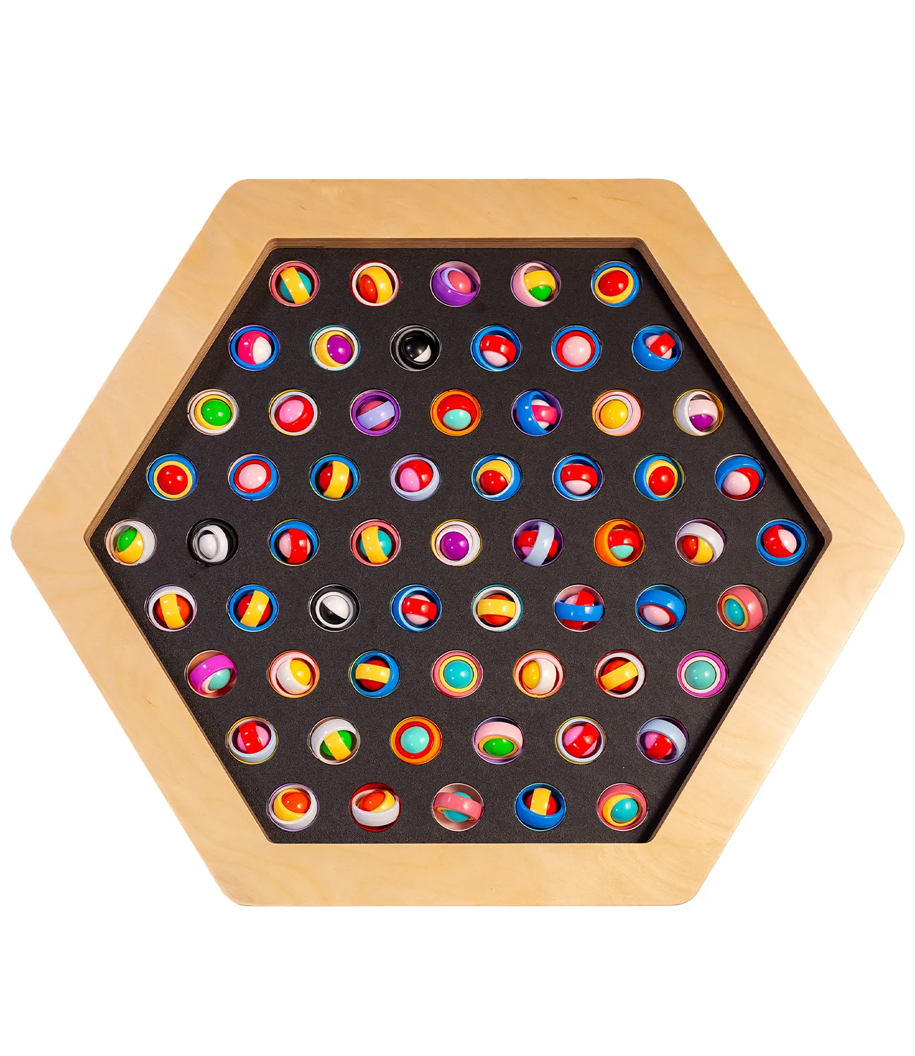 gyro-rings-small-1 | LiteZilla Wooden hexagonal marble board filled with dozens of colorful marbles in holes by colorful game surface.