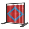 Freestanding display frame housing a grid of red tiles with blue tiles forming a curved pattern inside the grid.