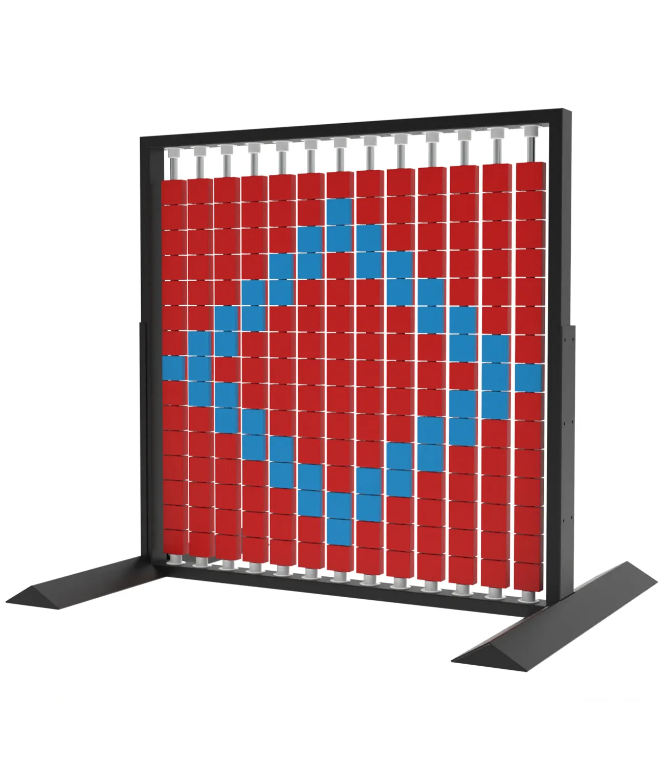 mosaic-wall-1 | LiteZilla Freestanding display frame housing a grid of red tiles with blue tiles forming a curved pattern inside the grid.